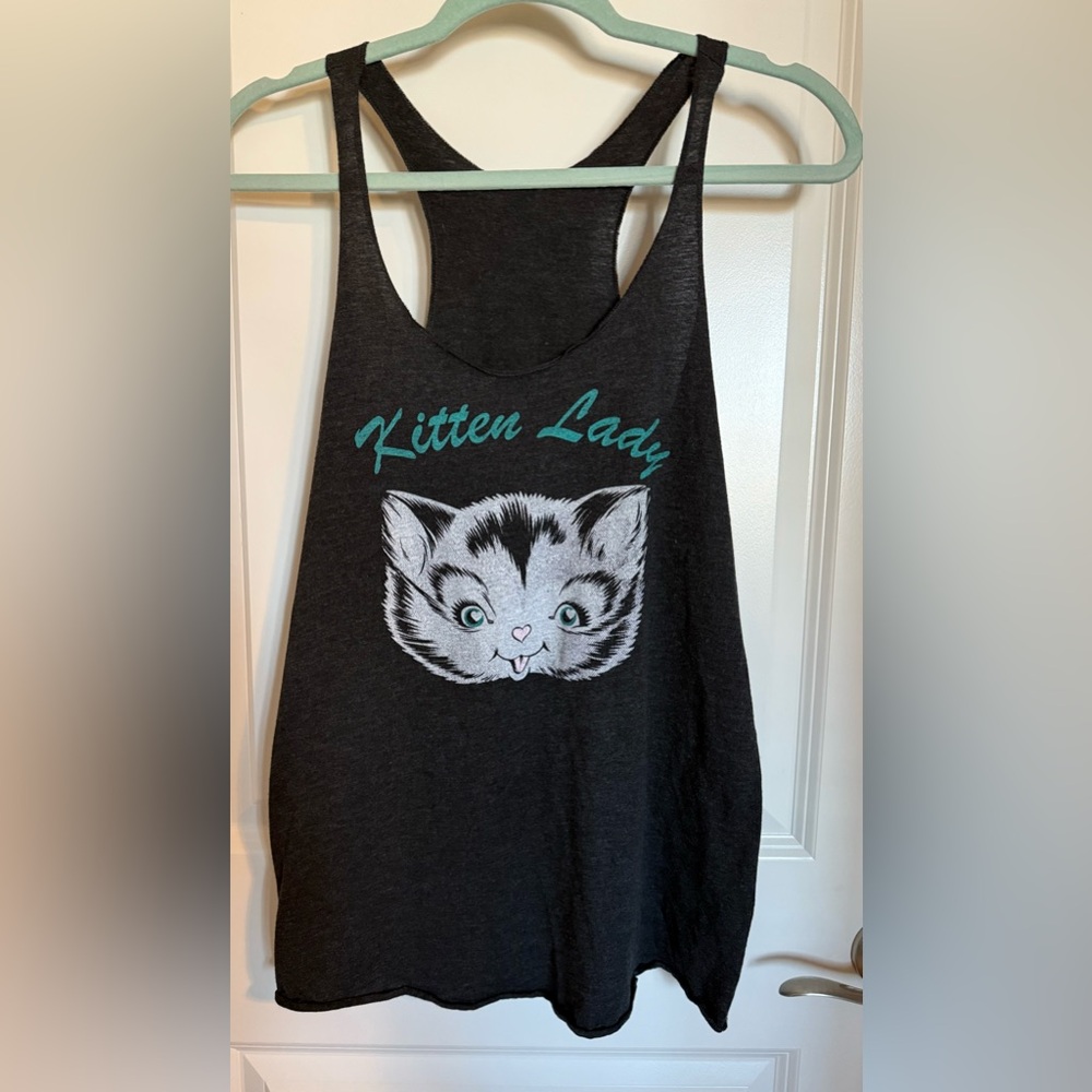 Women’s Kitten Lady Black Racerback Cat Print Tank Top Large EUC